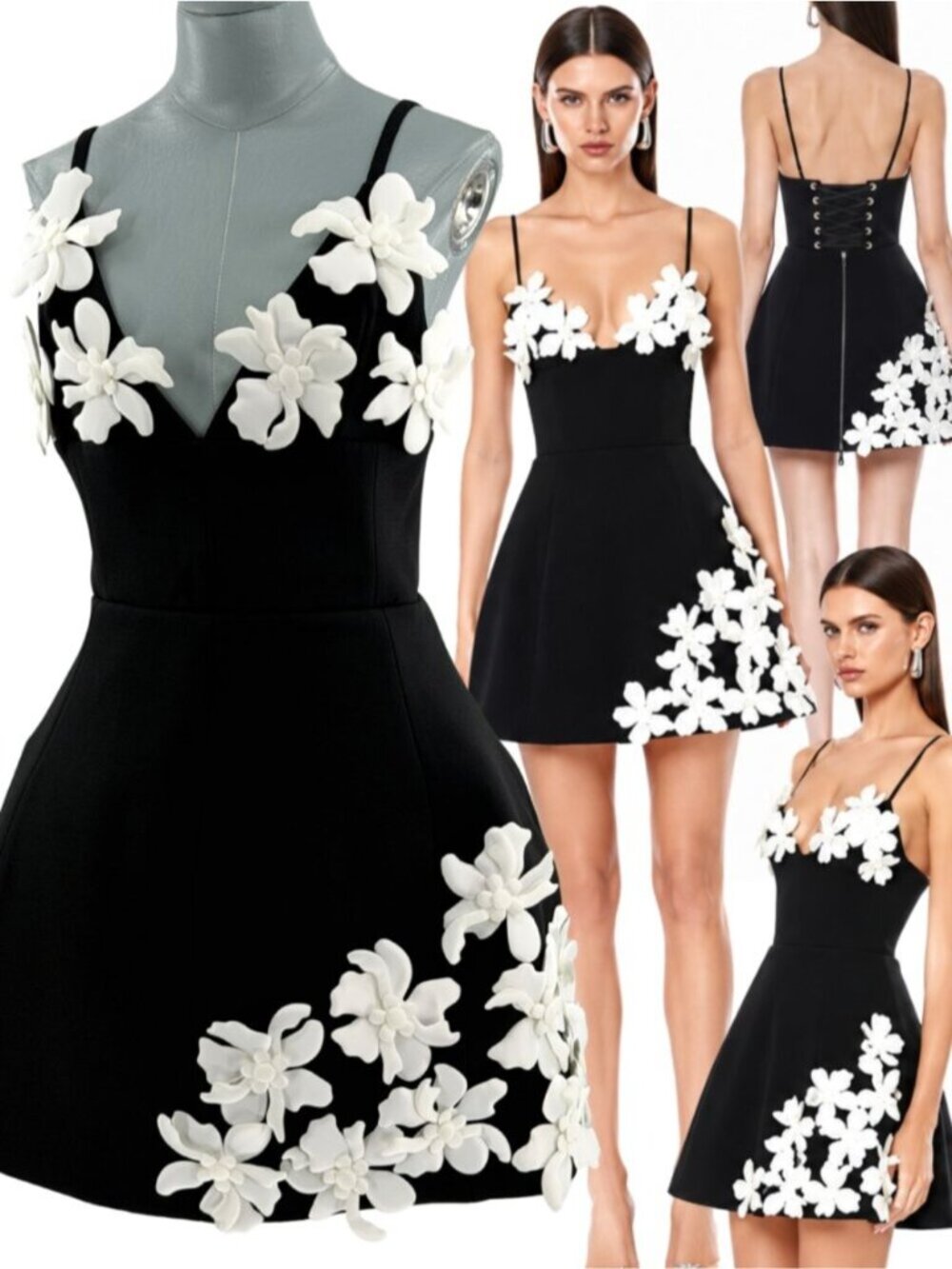 🆕 BRONX & BANCO 🧿 NWOT Emma 3D Floral Mini Dress, Black & White - Sz L US 8
